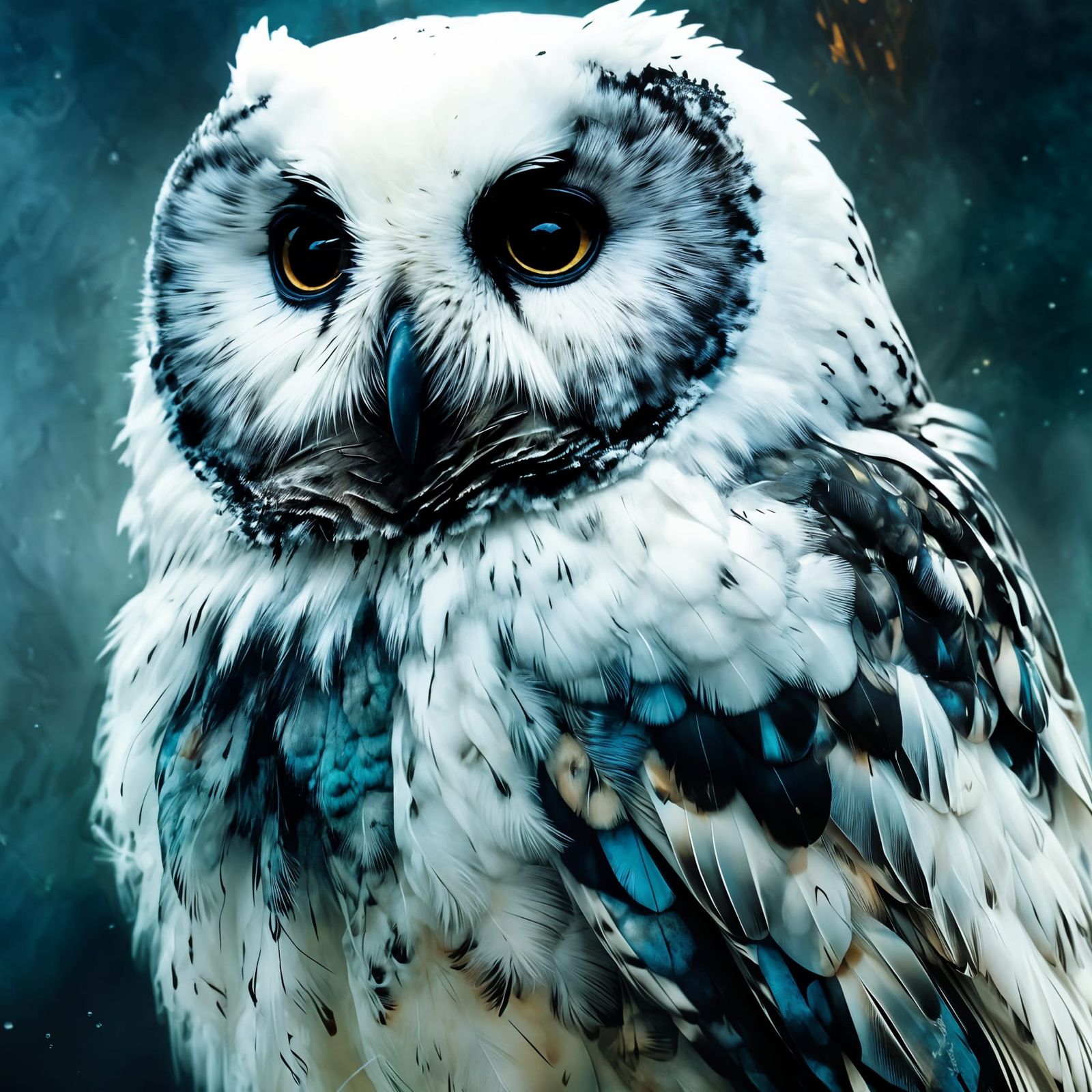 Adorable White Owl Portrait in Inkblot Style
