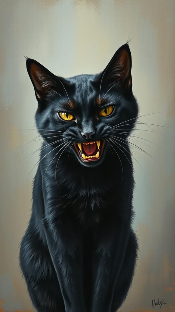 Fearful Black Cat Portrait in Post-Impressionistic Style