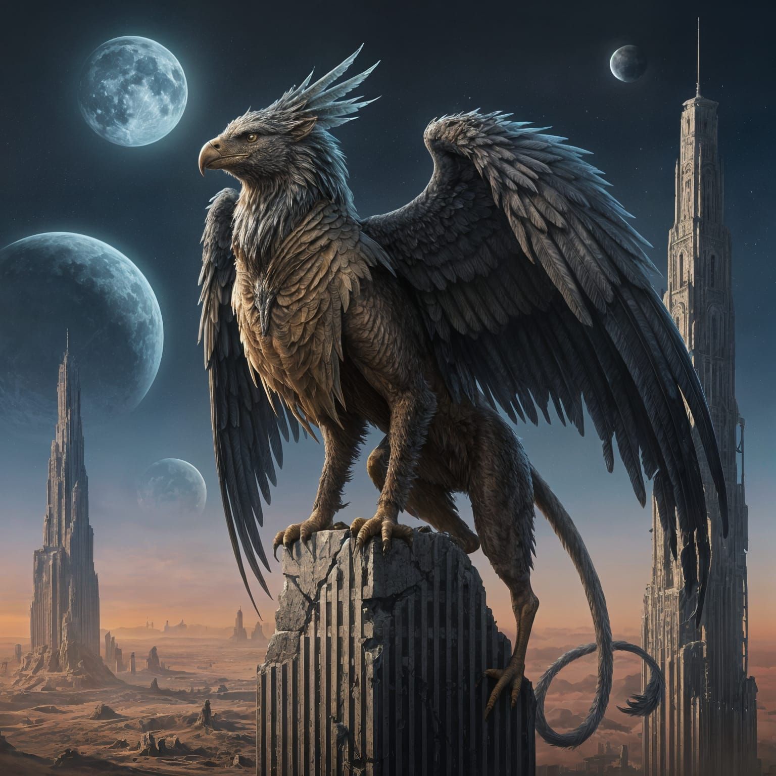 Griffin on Skyscraper in Alien Landscape