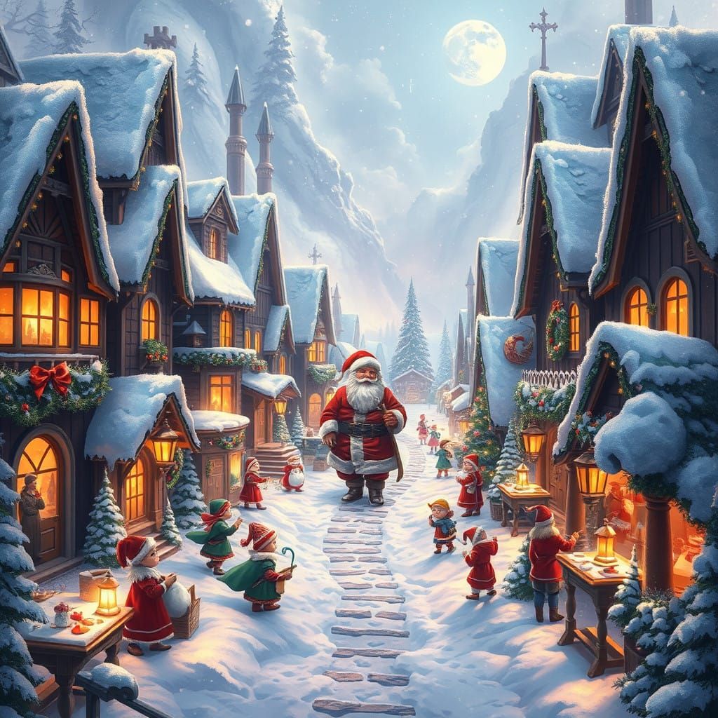 Snowy North Pole Village with Elves and Santa Claus in Whims...