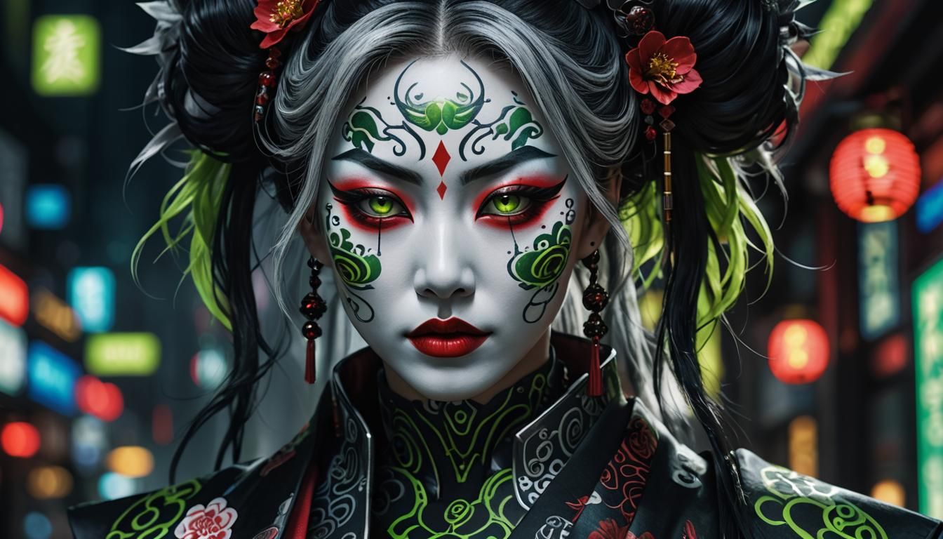 Cyberpunk Kabuki Portrait with Glowing Eyes