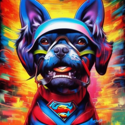 dog superhero graffiti art, splash art, street art, spray paint, oil gouache melting, acrylic, high contrast, colorful p...
