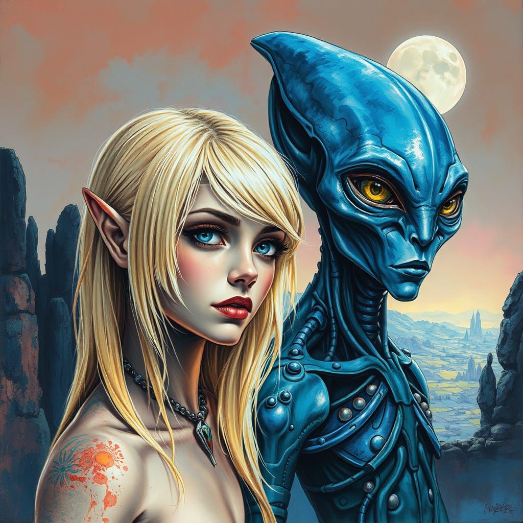 Alien Romance in a Futuristic Landscape, Gouache Style