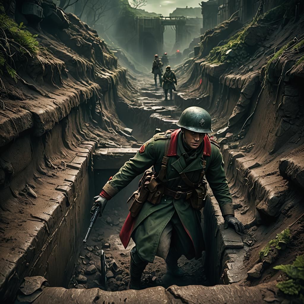 Epic Fantasy Soldier in Trench, Receiving Ancient Projectile