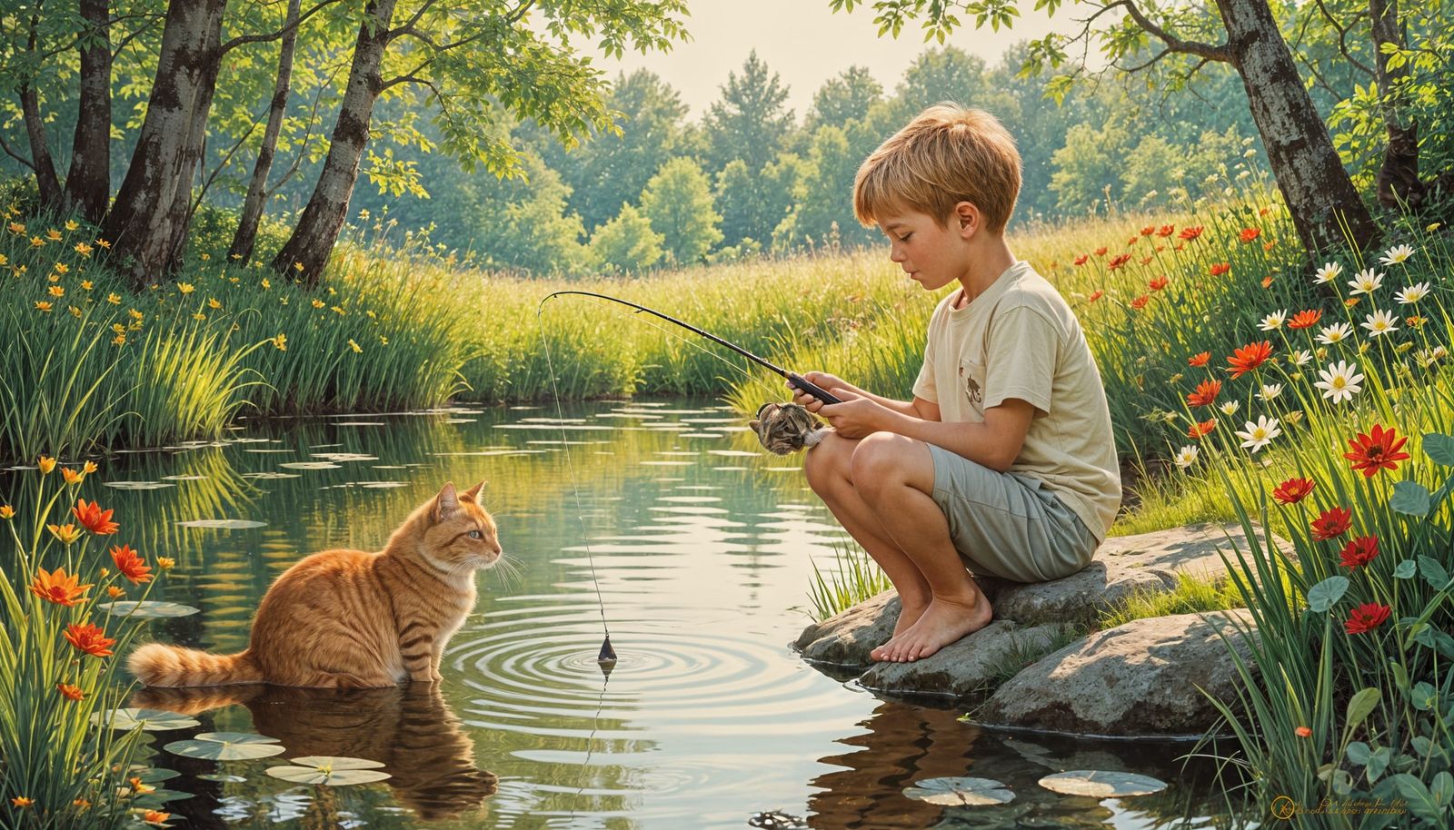 Boy Fishing with Ginger Cat Friend