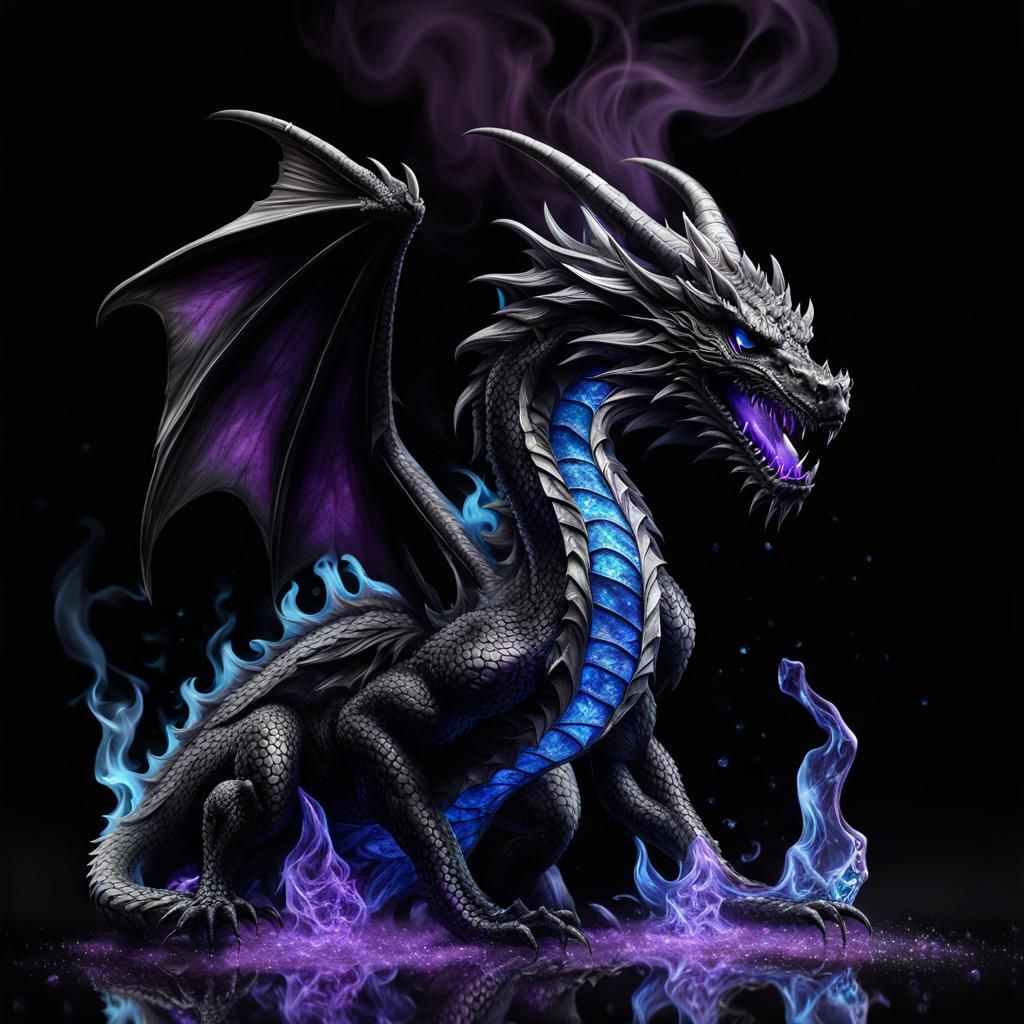 Crystal Dragon in Black Smoke, Hyperrealistic Art