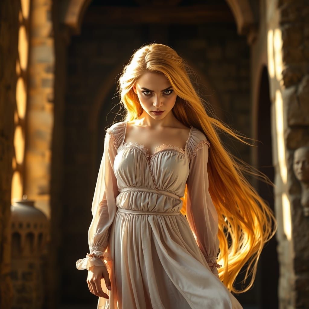 Rapunzel in Sunlit Tower Room, Digital Painting