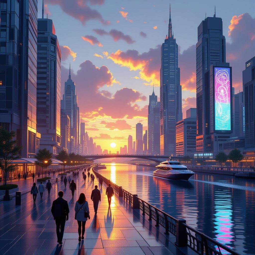 Futuristic City River Quay in Art Deco Style