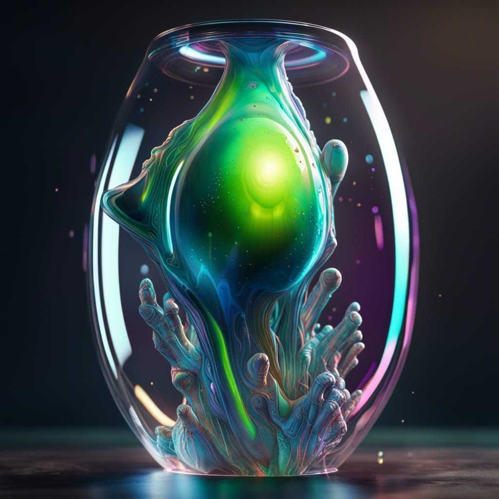 Hyperrealistic fullbody transparent alien glass blown hyperdetailed hyperfocus photorealism 8k high resolution vibrant c...
