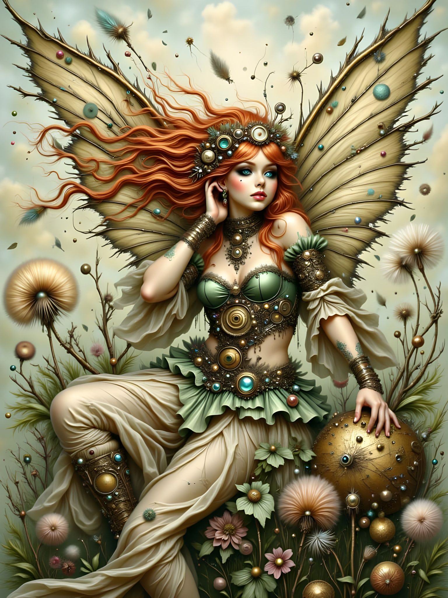 Steampunk Fairy with Clockwork Wings and Dandelion