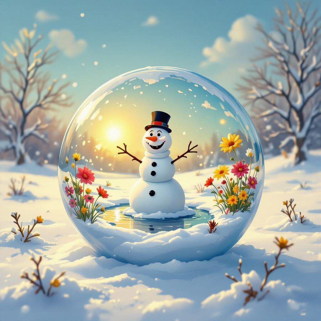 Surprised Snowman Trapped in Glass Ball with Summer Scene