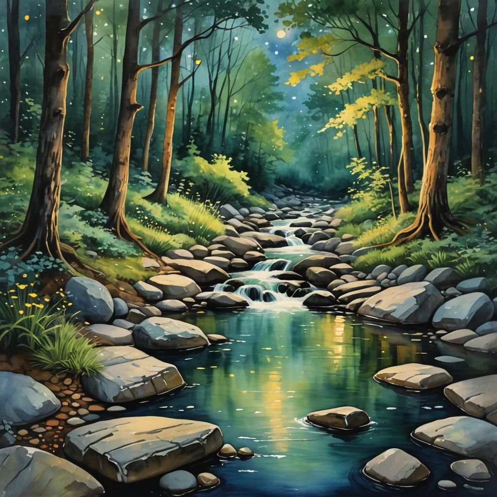 New England Stream Glistens Under Starry Sky