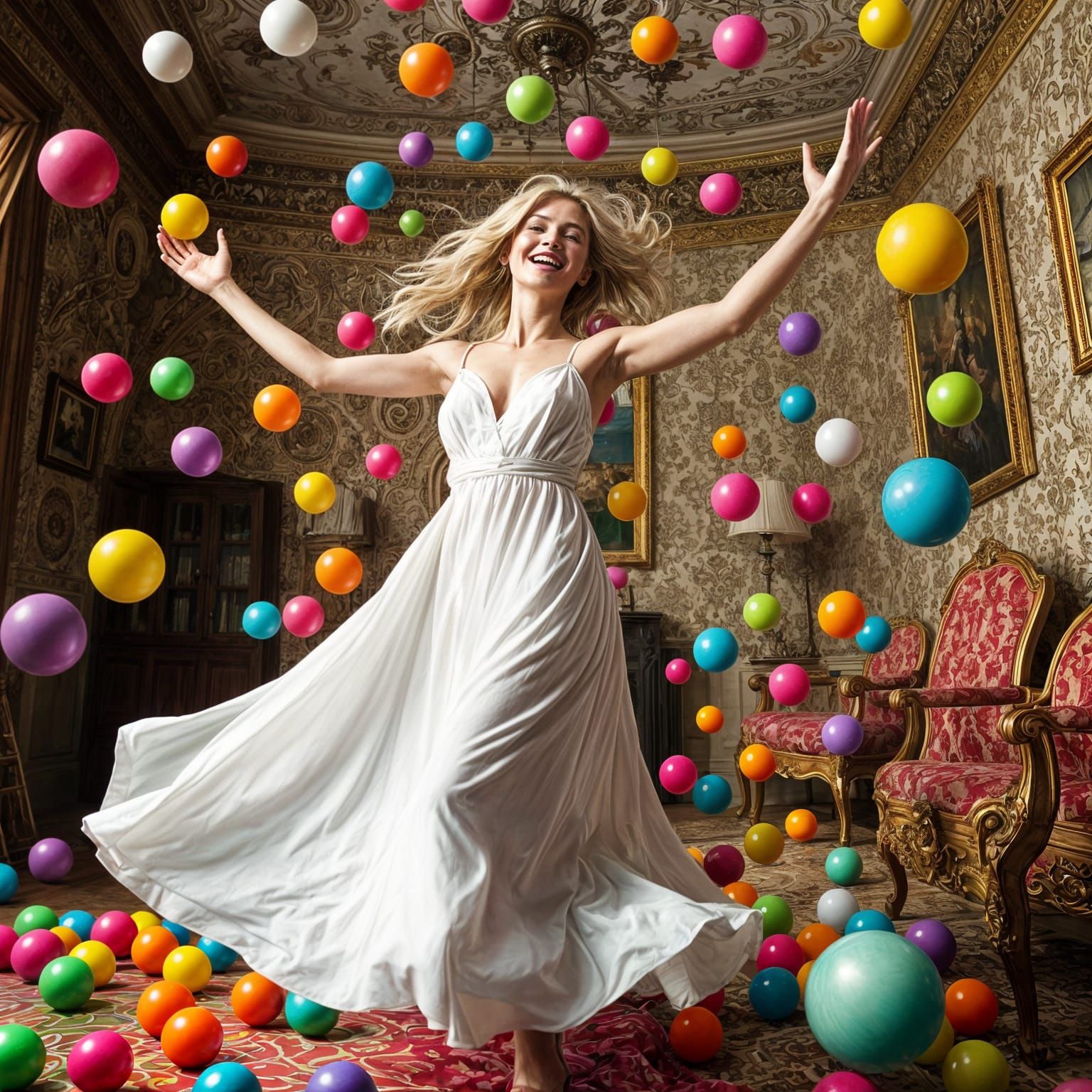 Happy Blonde Woman Dancing in Ball Pit