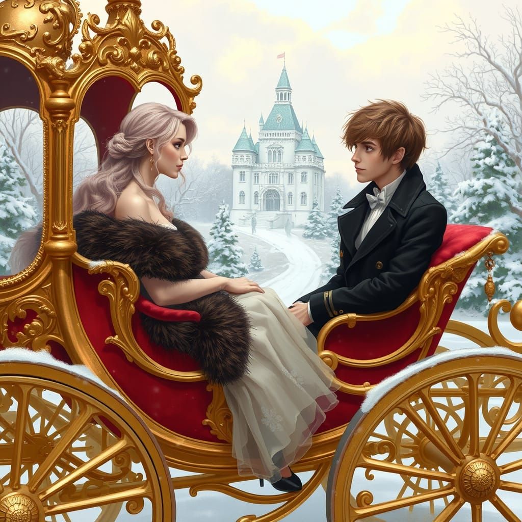 Regal Couple Rides into Snowy Wonderland in Golden Carriage