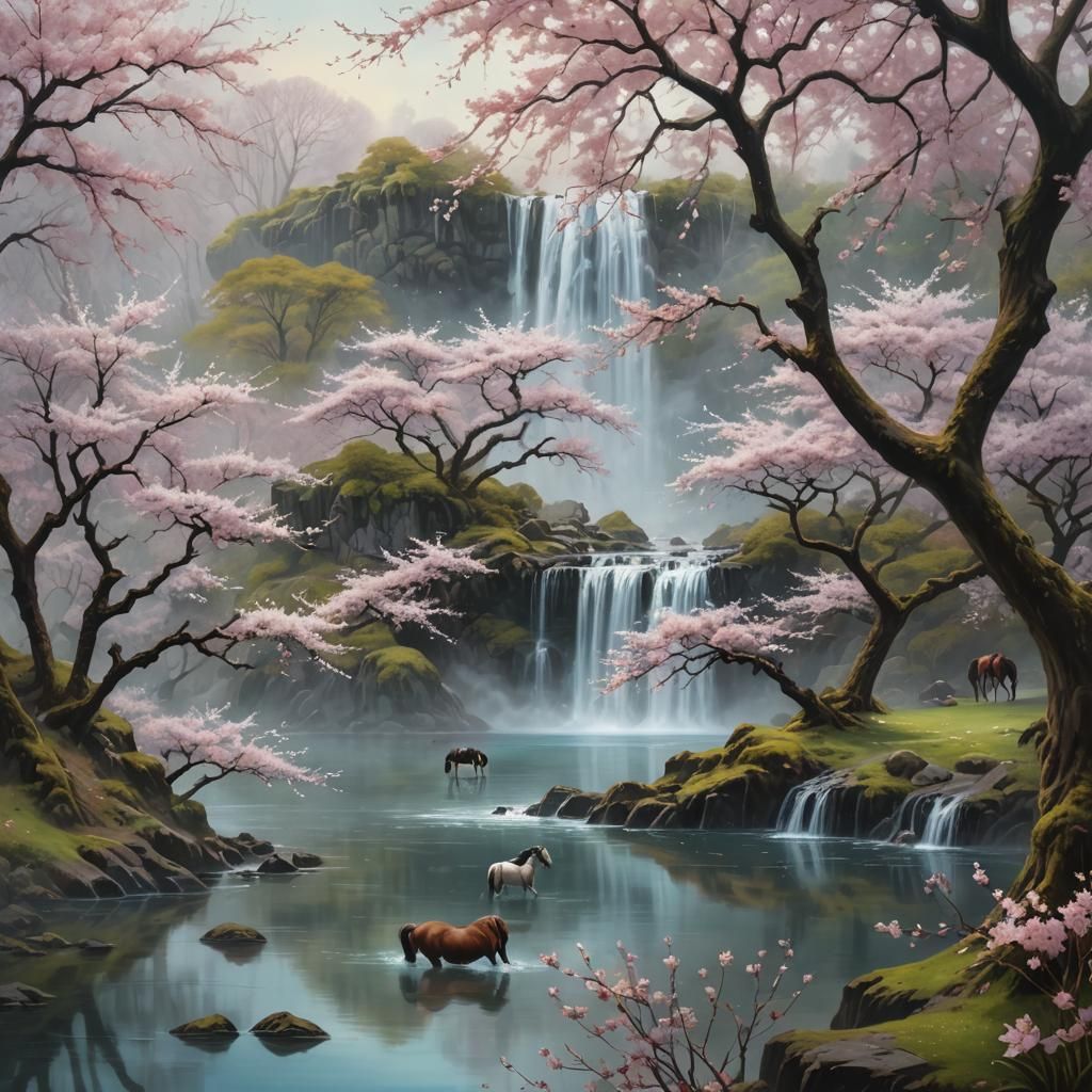 Fantasy Landscape with Cherry Blossoms in Digital Art Style