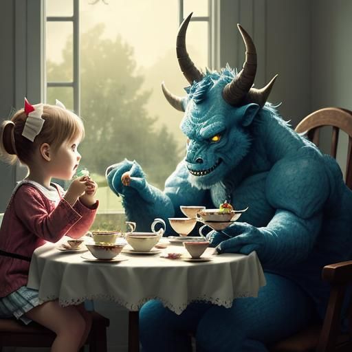 Adorable Horned Monster Tea Party Scene