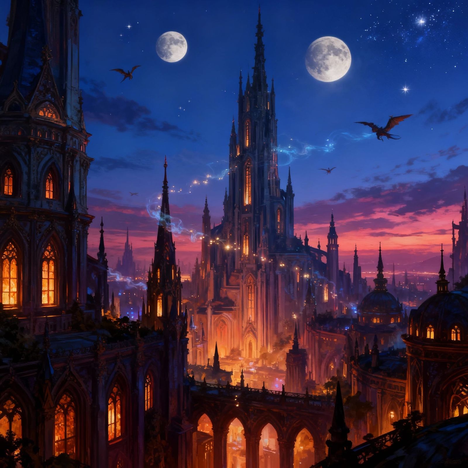 Fantasy Cityscape at Twilight Two Moons