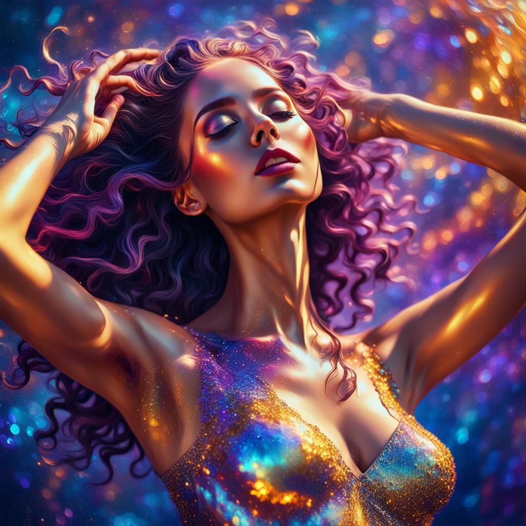 Dreamlike Dance of a Radiant Girl in a Vibrant Holographic H...