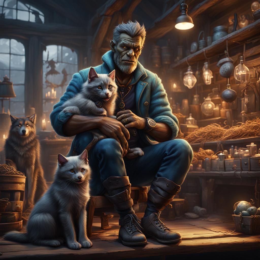 Werewolf Pet Shop Owner with Kitten, Fantasy Art