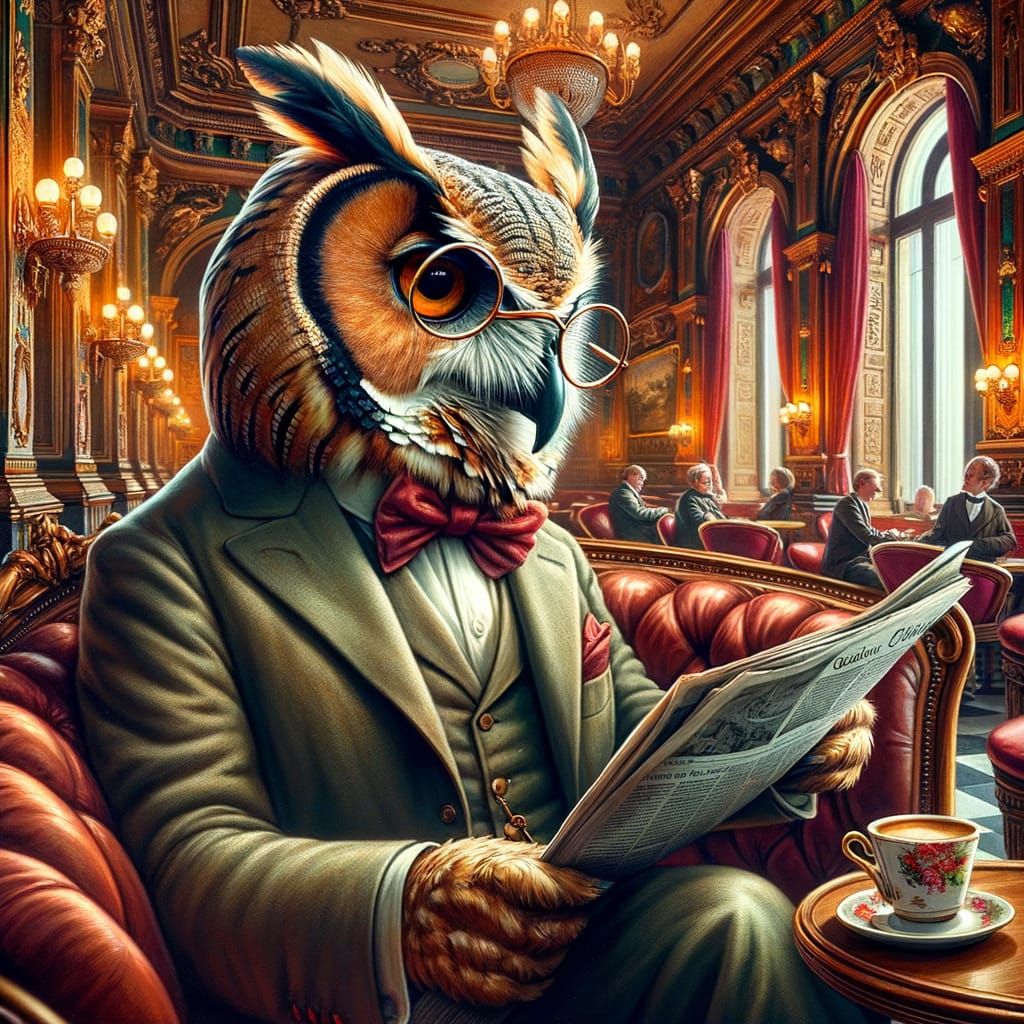 Wise Owl Reads Newspaper in Viennese Coffee House