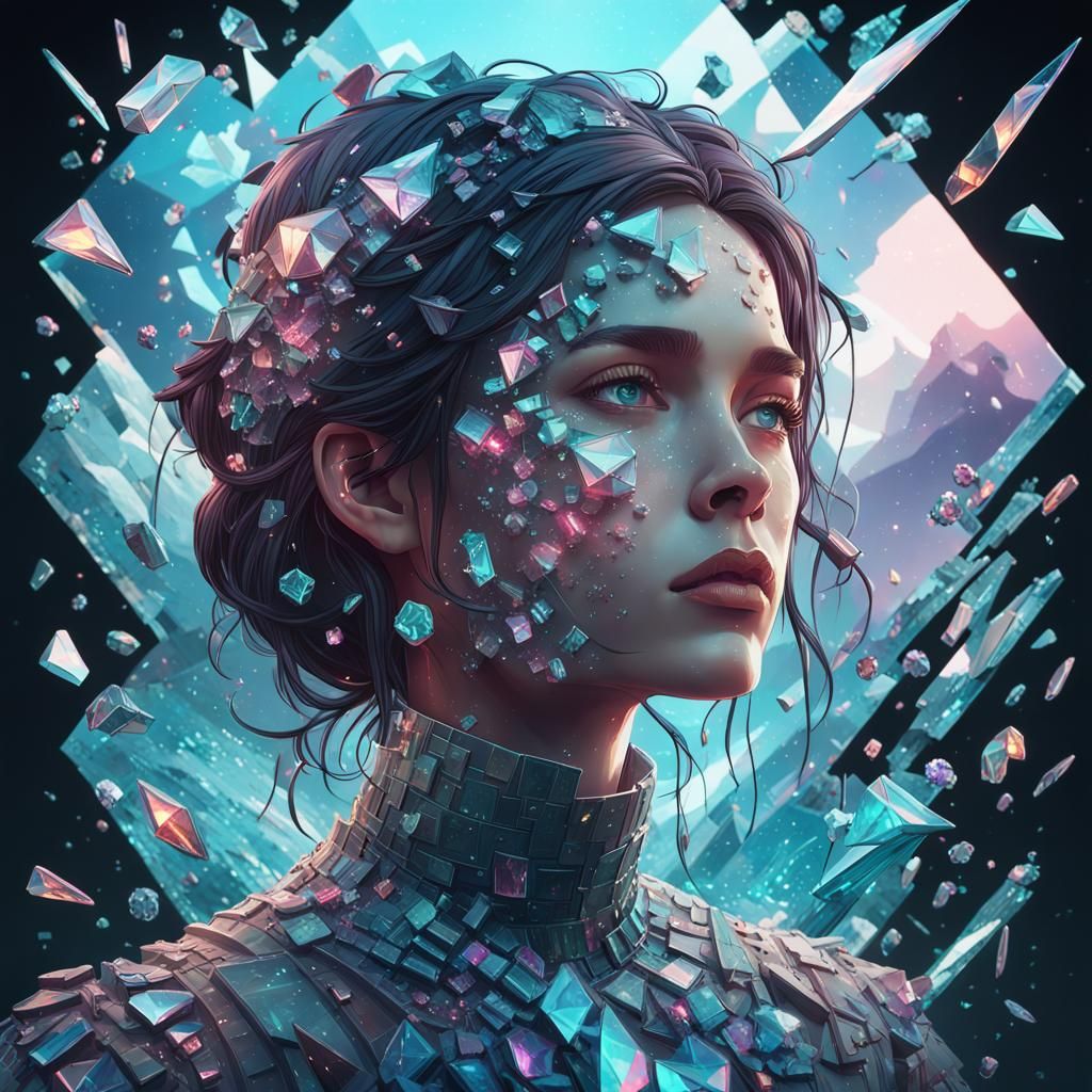 Woman Surrounded by Crystal Glass in Anime CGI Style