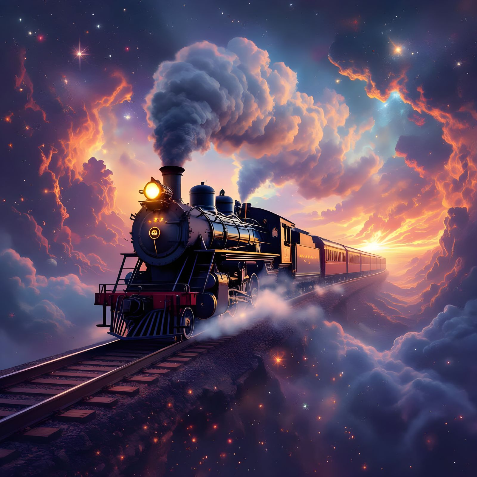 Steam Train Rides Vibrant Galaxy on Stardust Railway