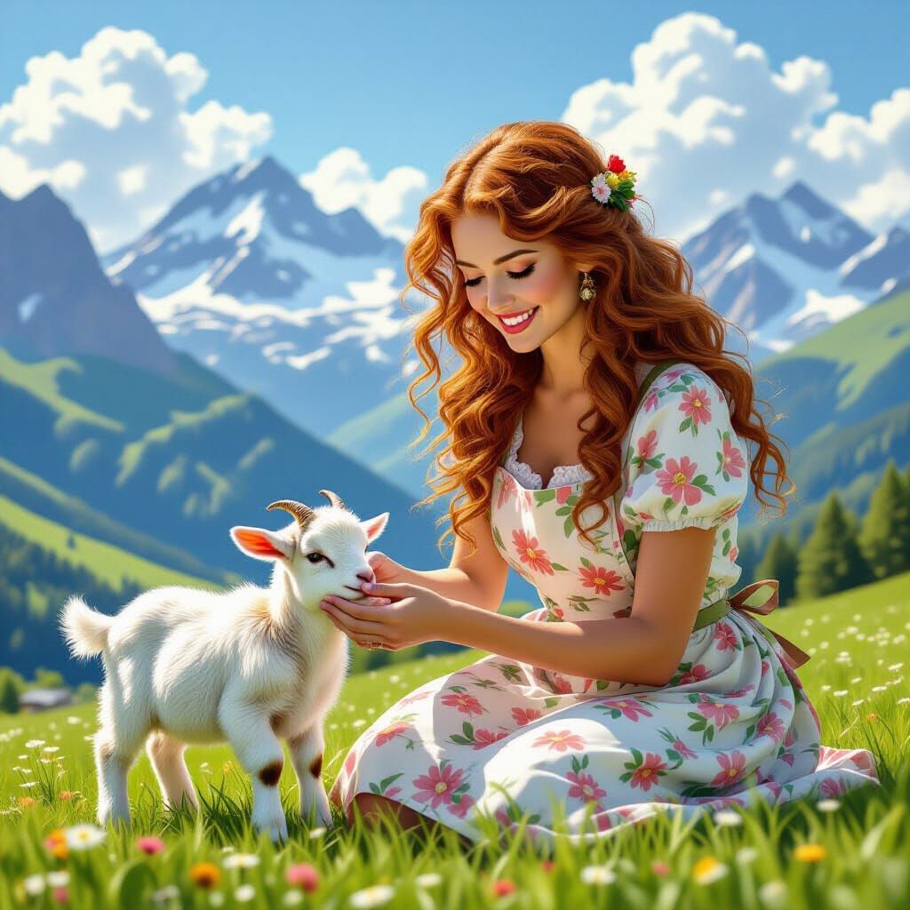 Woman Feeds Goat in Swiss Alps, Hyper-Realistic