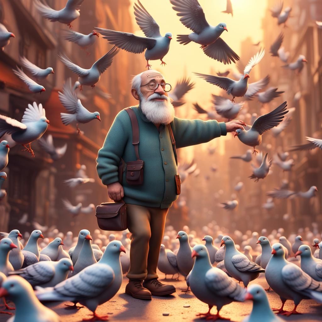 Old Man with Pigeons in Pixar Style