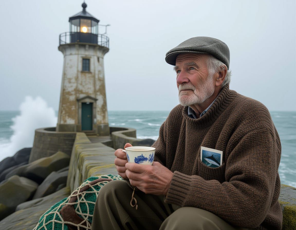 Elderly Man's Nostalgic Teatime by Lighthouse