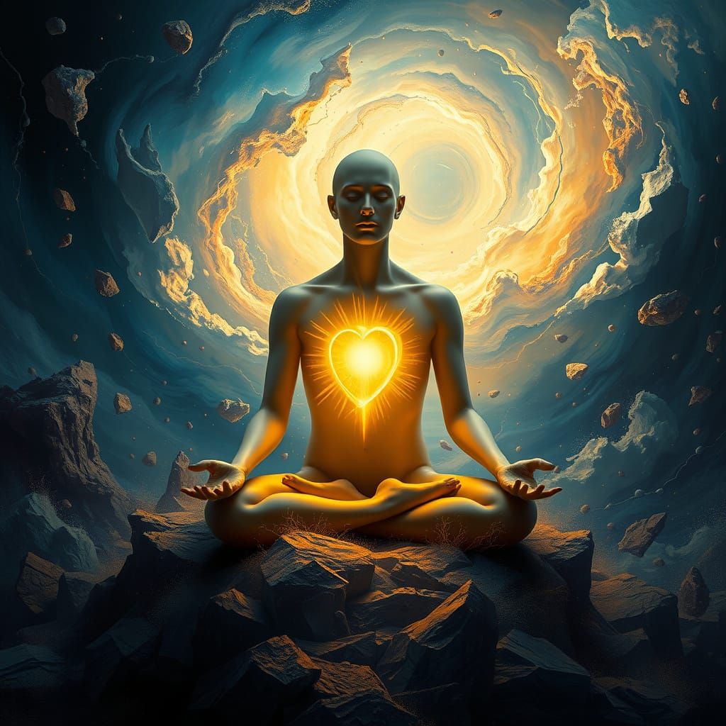 Meditating Figure Calm in Cosmic Storm, Ethereal Surreal Sty...