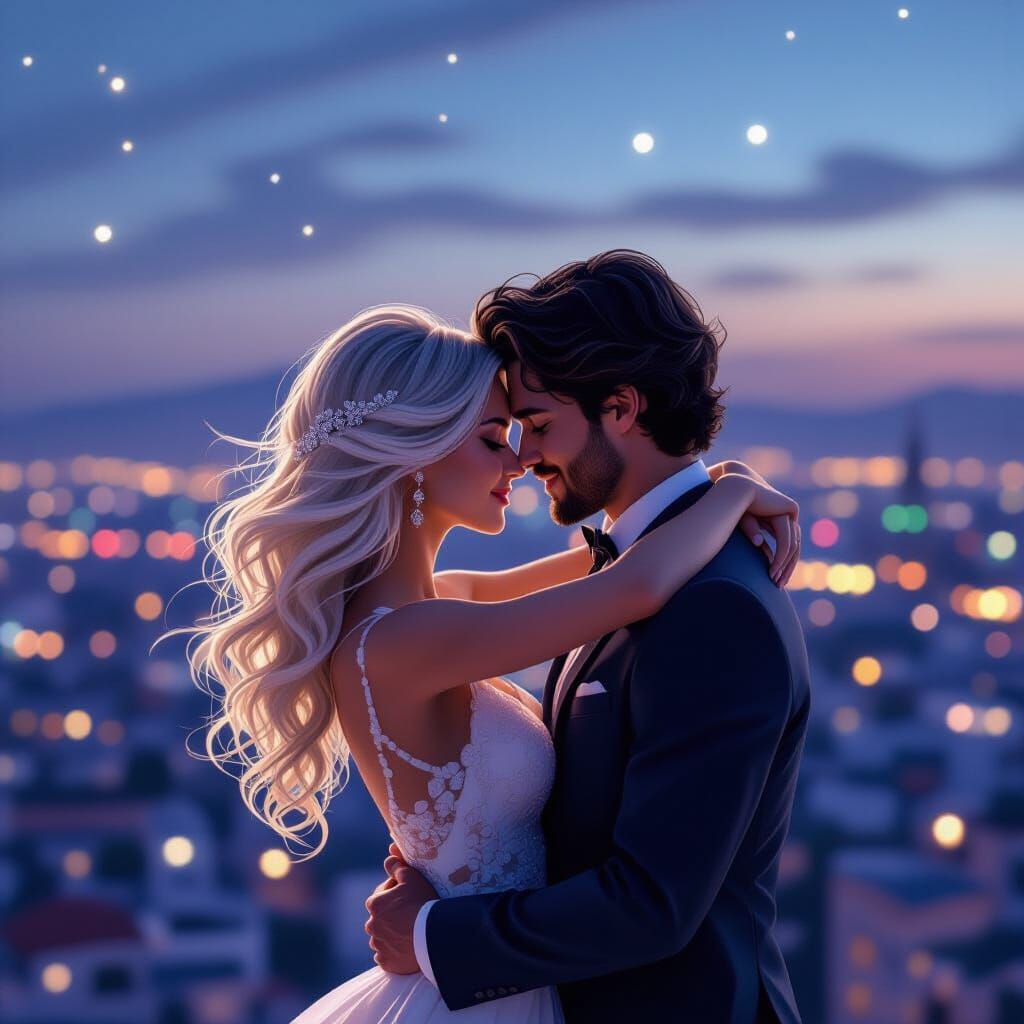 Embracing Couple in Surreal Cityscape