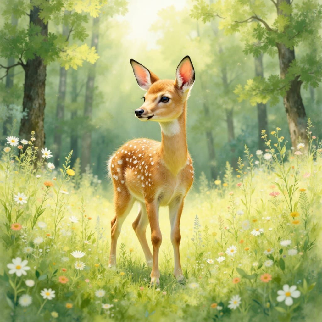 Cute Fawn in Delicate Flower Meadow Painting