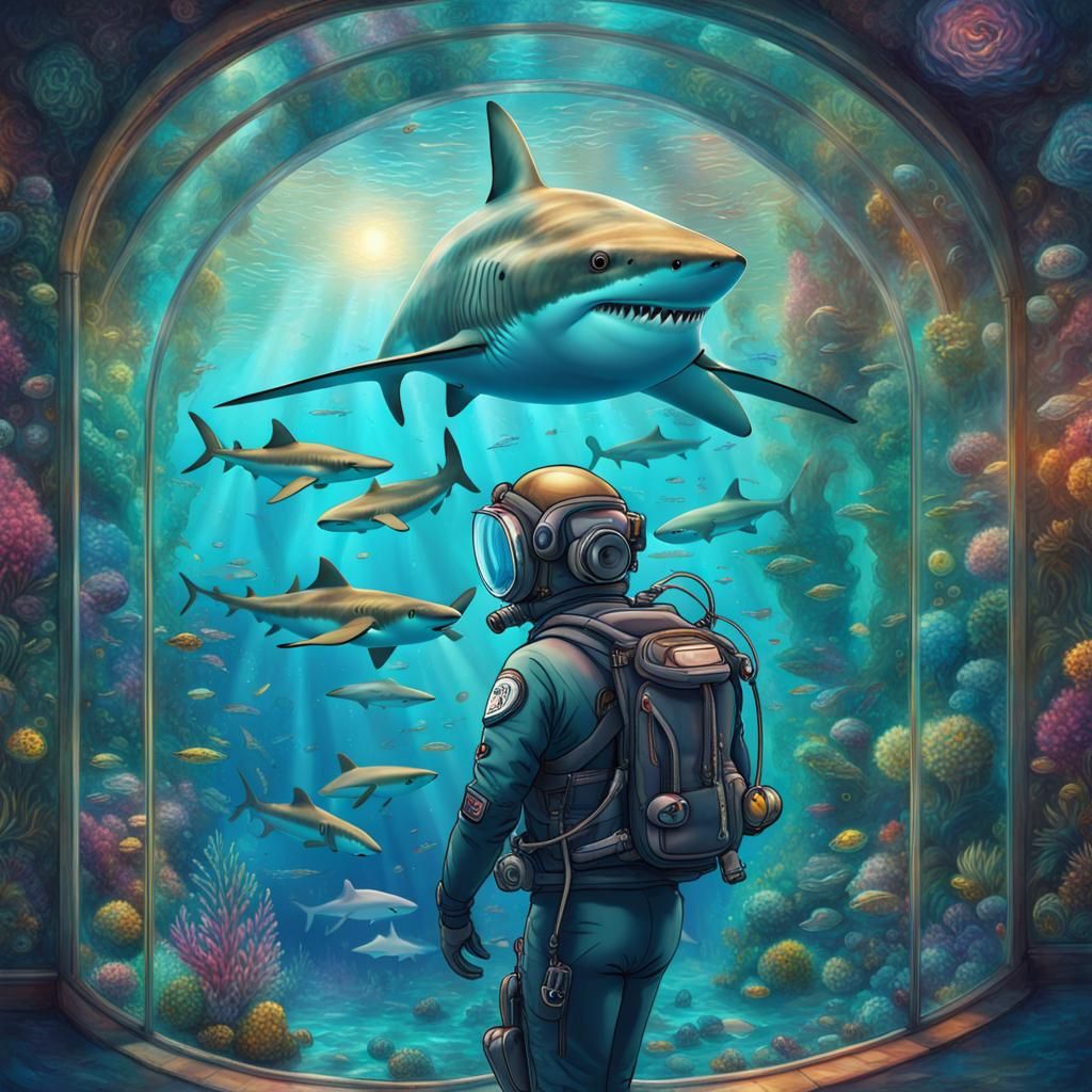 Mystical Aquarium: Diver and Sharks in Holographic Art