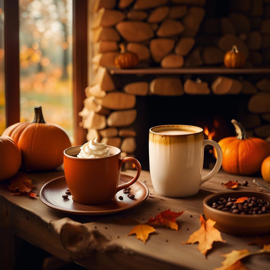 Autumn Coffee Scene with Pumpkins, Golden Hour