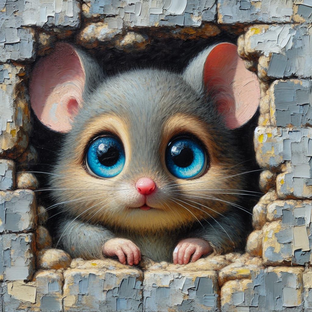 Cute Mouse Peeks Out, Impressionist Acrylic Painting
