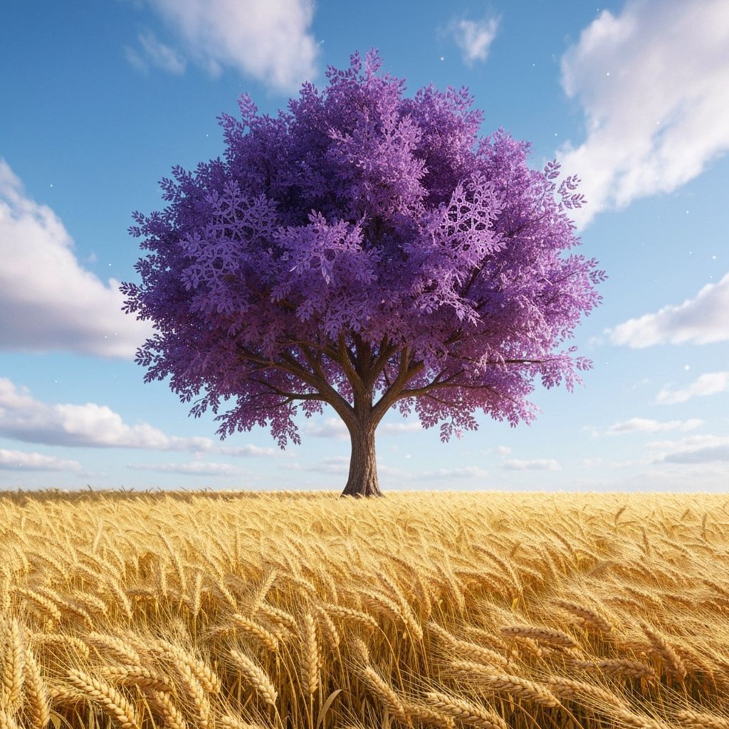 Solitary Violet Tree in Golden Wheat Field