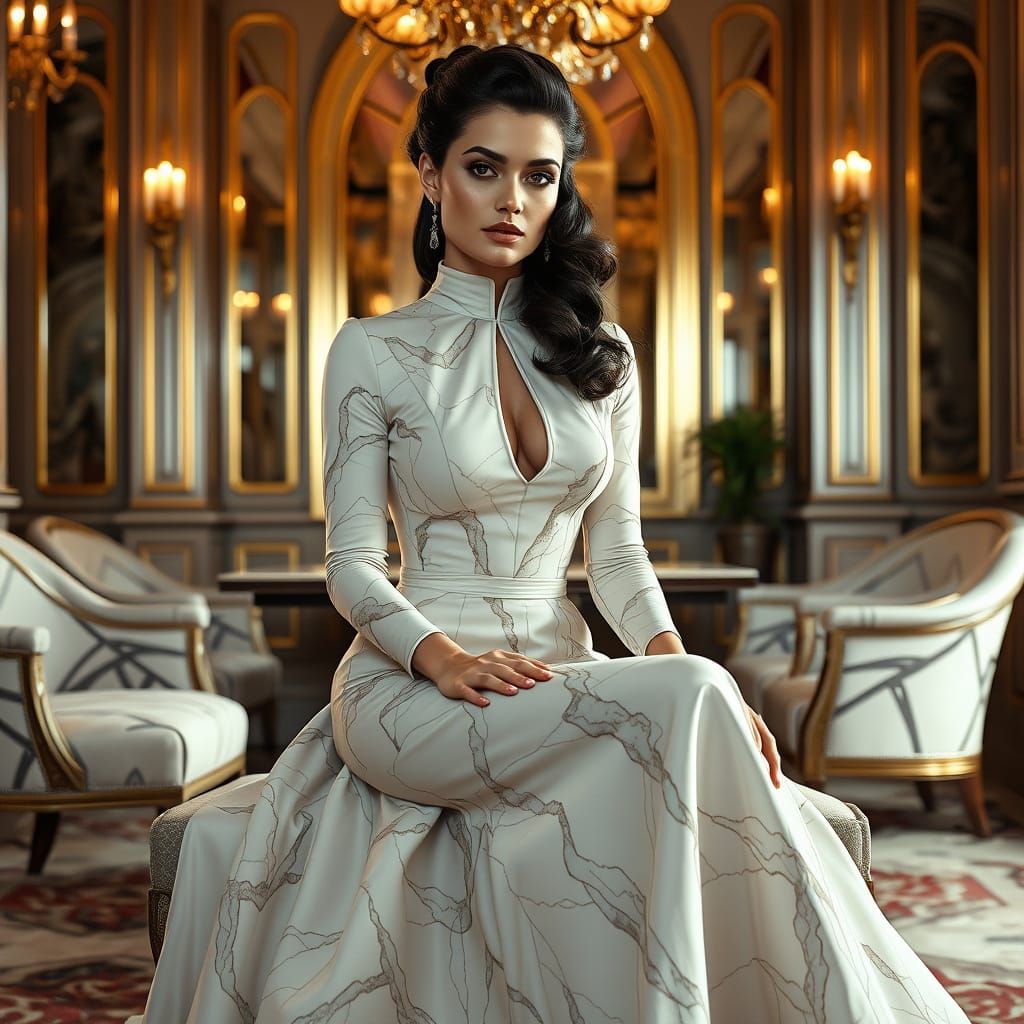 Art Nouveau Woman in Crystal Skirt, Futuristic Elegance