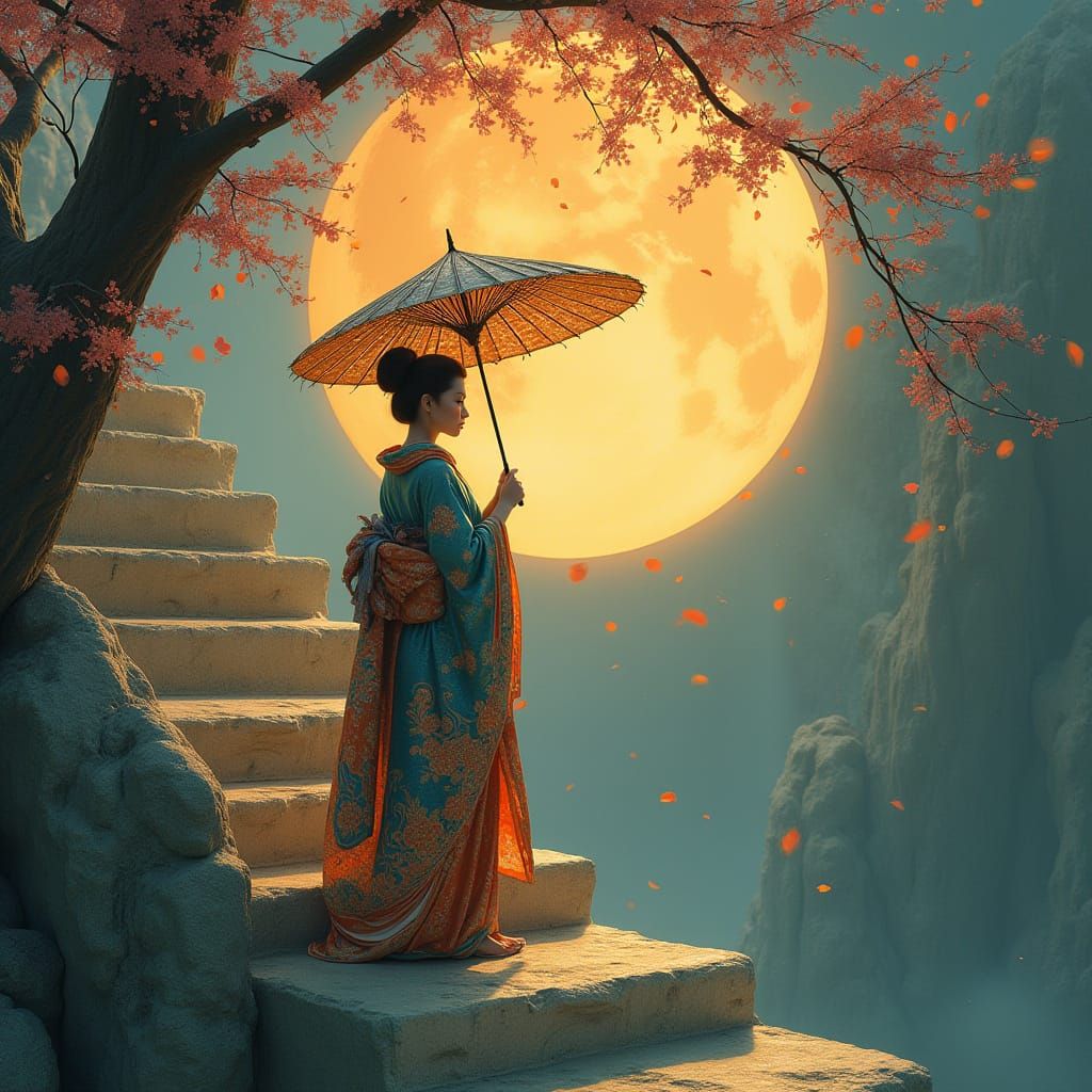 Ethereal Japanese Goddess Ascends Surreal Staircase