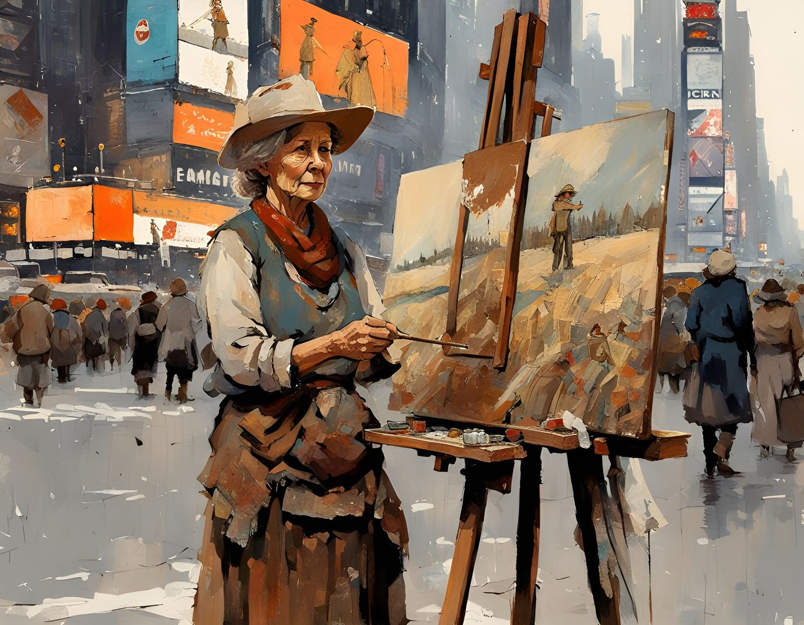 Woman Painting in Times Square, Posuka Demizu Style