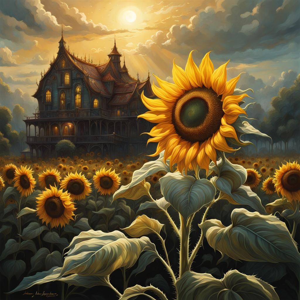 Cute Sunflower Monster Chasing Sun: Photorealistic Art