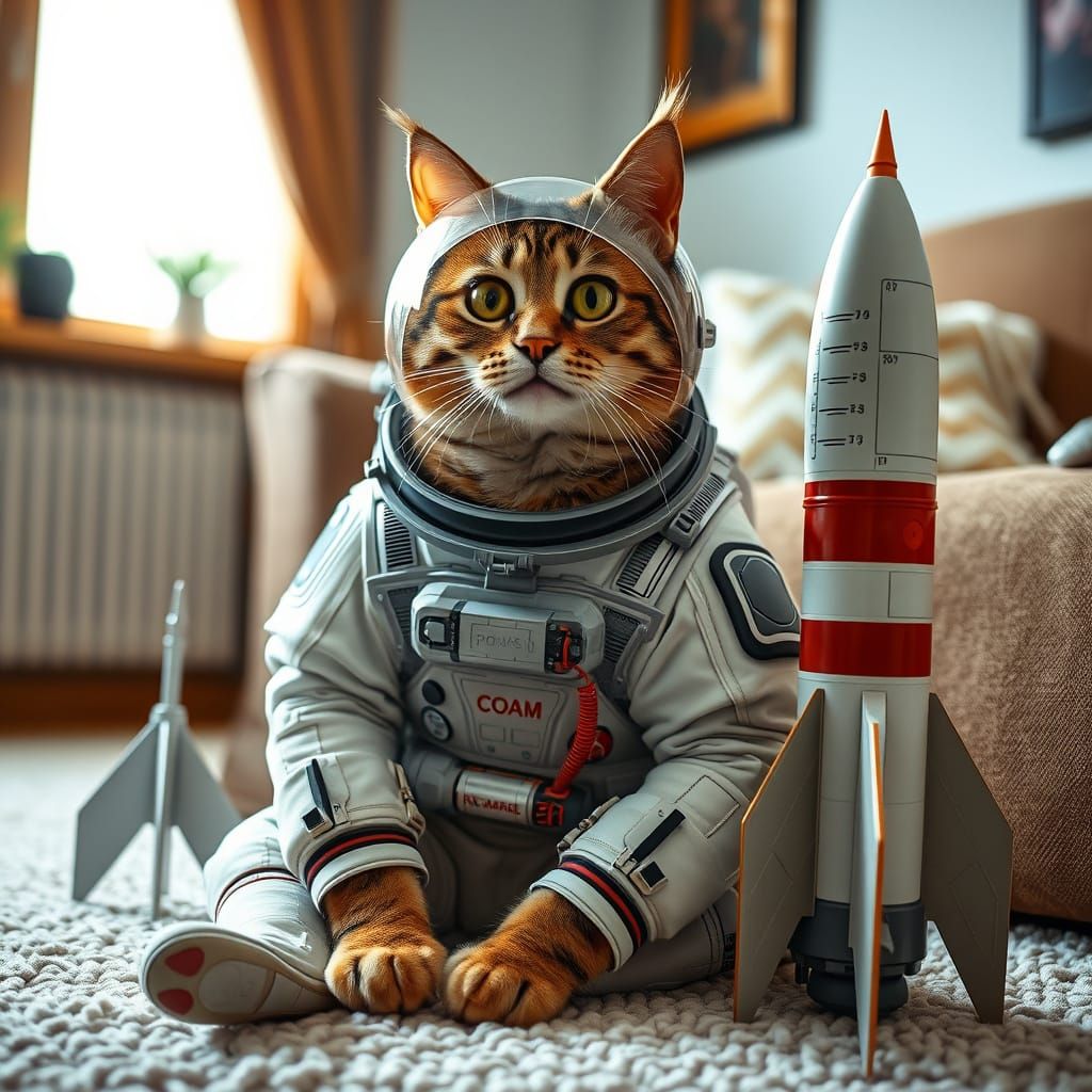 Hyperrealistic Cat in Space Suit Inspects Model Rocket