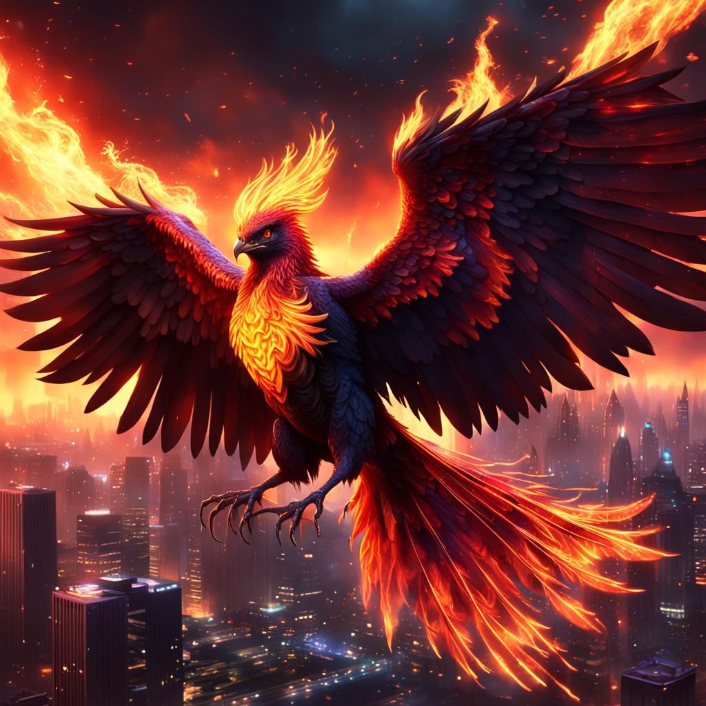 Cyberpunk Phoenix Soaring Through Fiery Cityscape