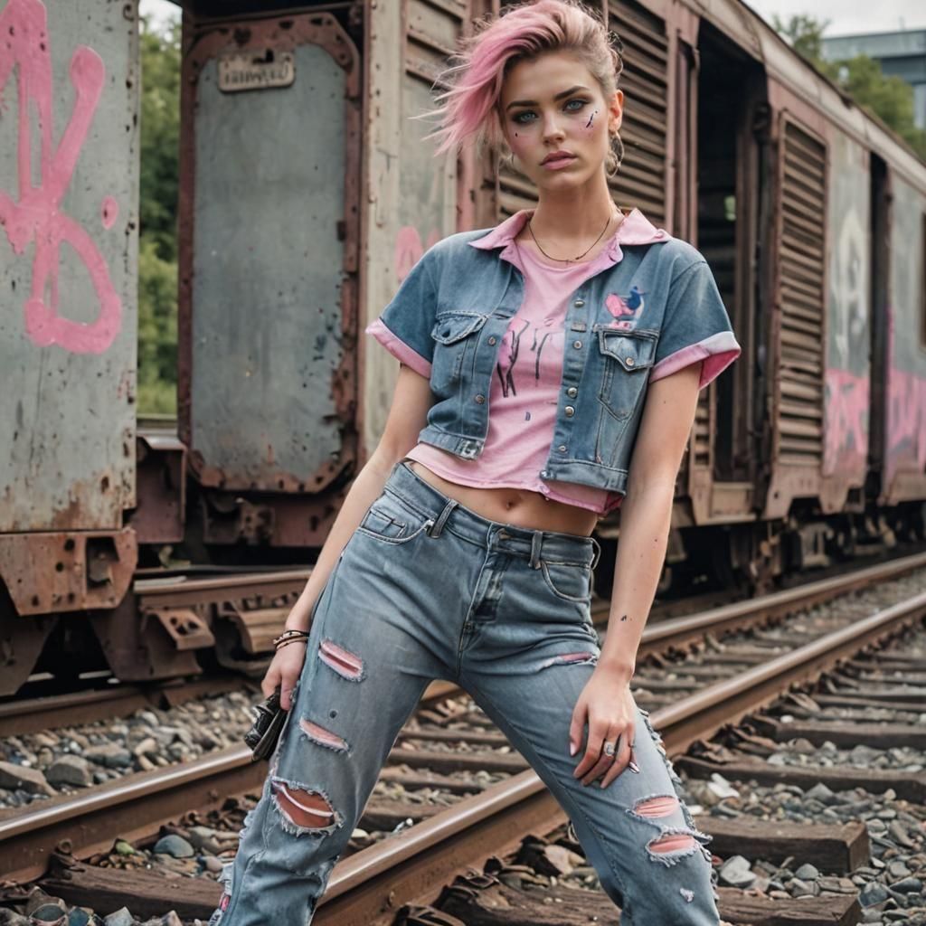 Model in Pink Shirt on Tracks: Urban Decay Photo