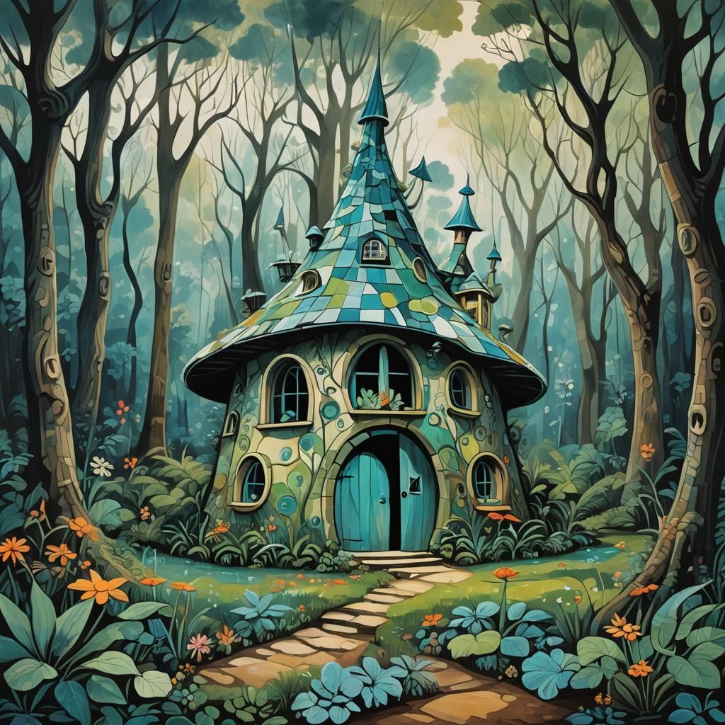 Mushroom Fairy House in Bioluminescent Forest: Cubist Style