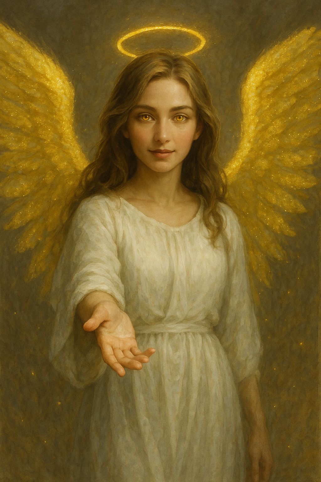 Angel Reaching Hand, Golden Wings and Halo