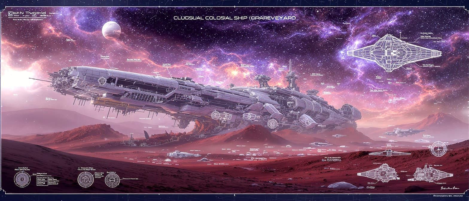 Colossal Spaceship Graveyard on Alien Planet Blueprint Illus...