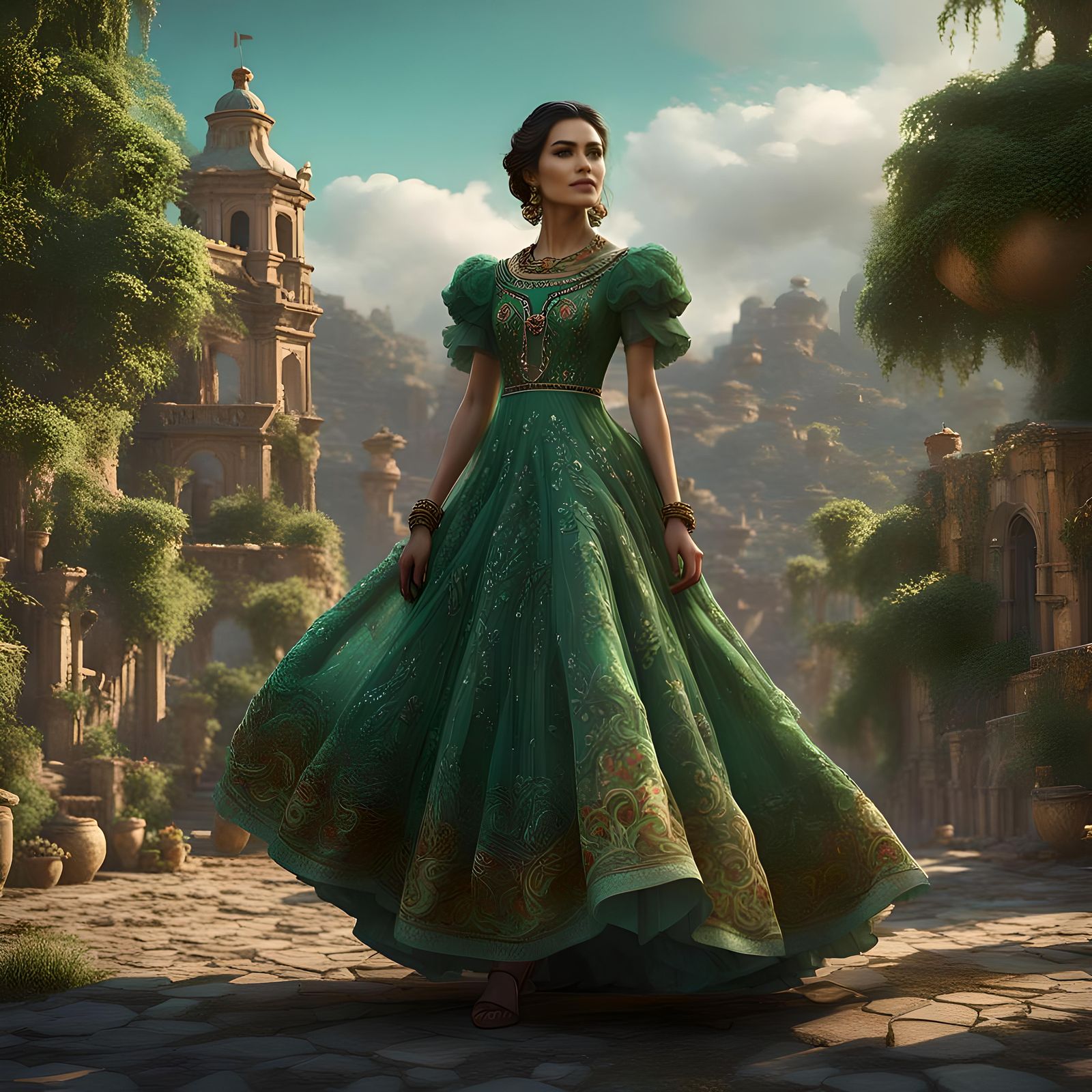 Mexican Woman in Detailed Green Dress
