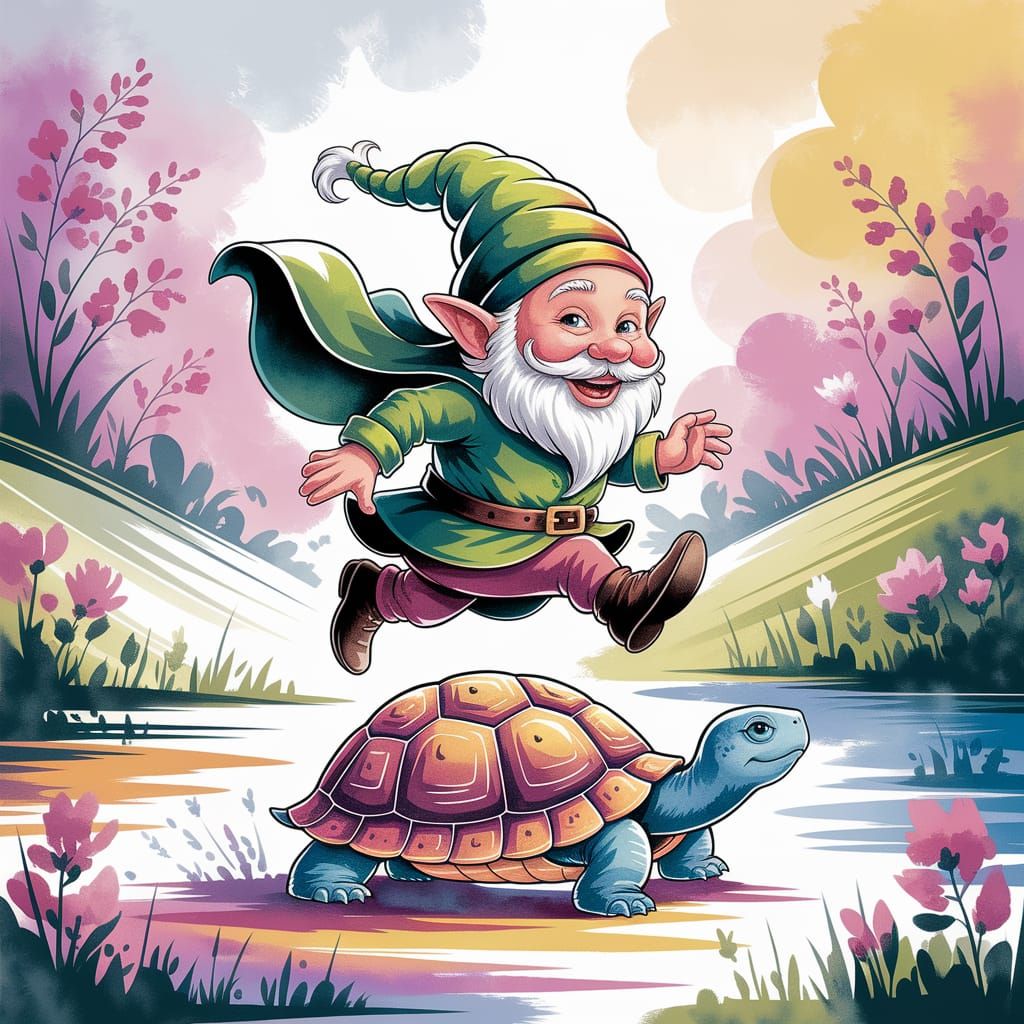 Whimsical Gnome in Watercolor Landscape