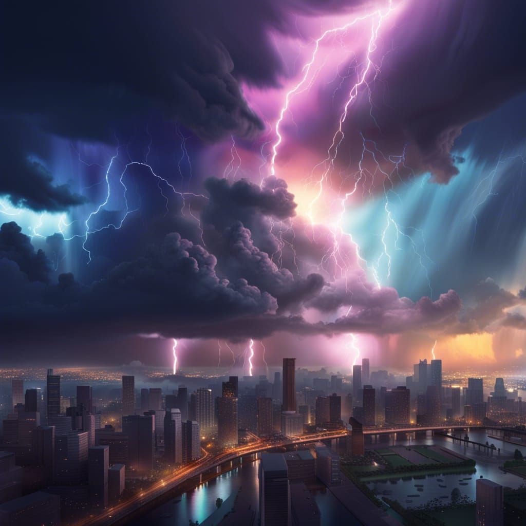 Dramatic Thunderstorm over City in Splash Art Style