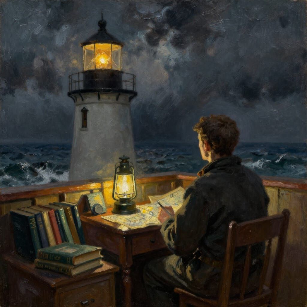 Lighthouse Keeper in Stormy Seas Oil Painting